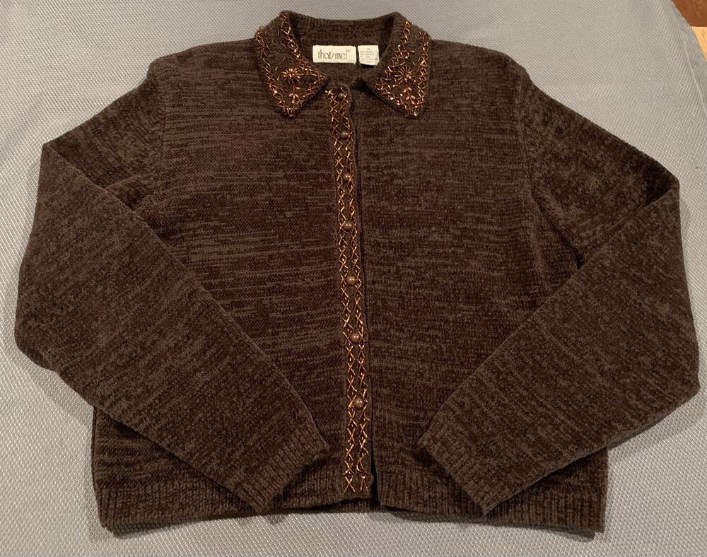Vintage 80-90s That’s Me Beaded Cardigan Sweater Brown Marled Size M